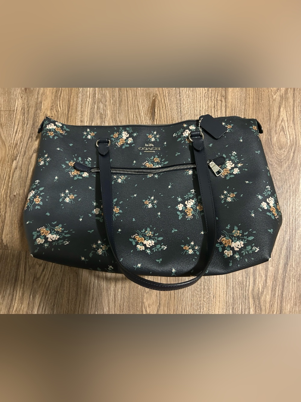 Coach Navy Floral Tote with Cream & Tan Blooms